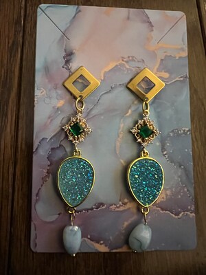 Druzy crystal drop earrings with roasted glass pendant - image3